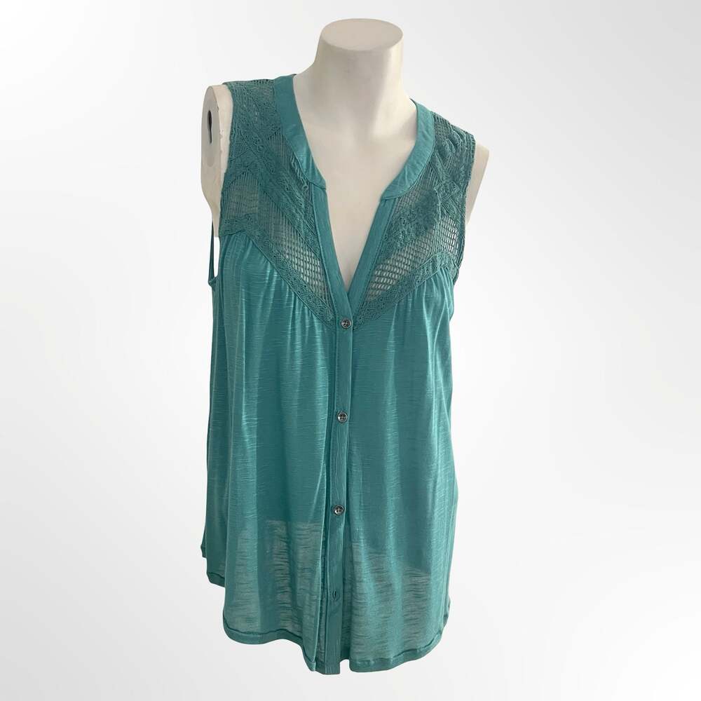 Ecote Sleeveless Button-Down Tank Top with Crochet Lace Detail